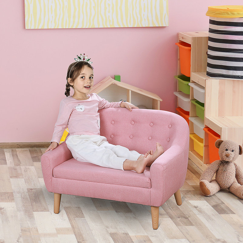 2-Seat Kids Sofa With Wooden Frame For Playroom, Pink Polyester
