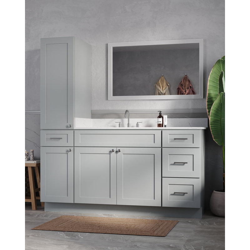 Disar 66' Single Bathroom Vanity With Left Linen Tall Cabinet Dovetail Solid Wood Drawer Carrara Quartz Top, Gray