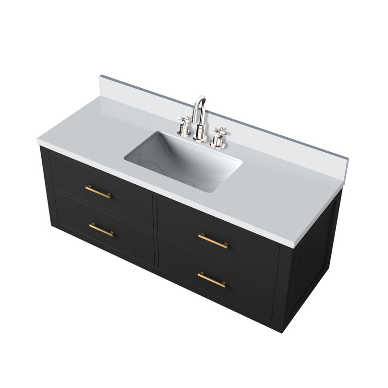 Ensemble de meuble-lavabo simple noir l 48 po x P 22 po, comptoir en quartz blanc et robinet, Black, 48"