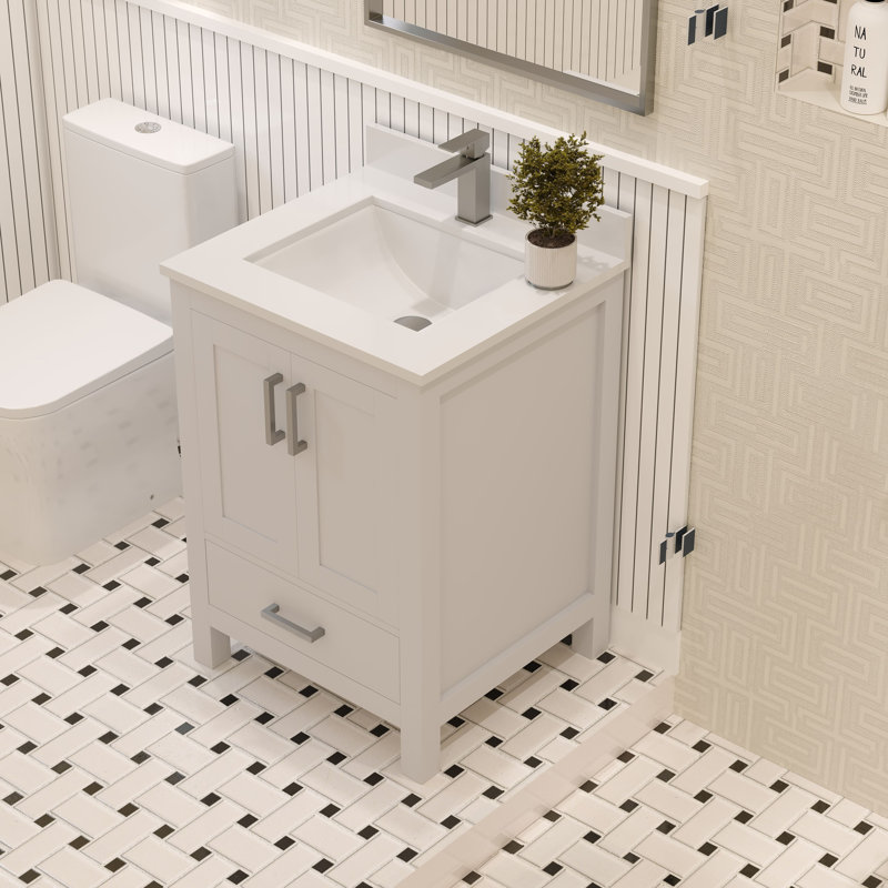 White Solid Wood Bathroom Vanity Cabinet with Brushed Nickel Hardware