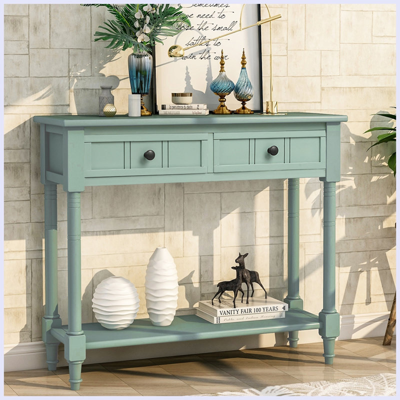 Daisy Series Console Table,Hallway table,Hoyer table with Two Drawers And Bottom Shelf Acacia Mangium, Retro Blue