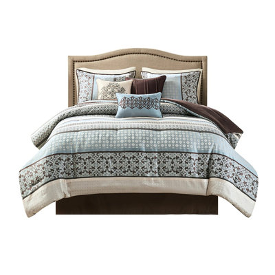 Édredon bleu 7 pièces pour lit très grand - rembourré, lavable à la machine, comprend 3 coussins décoratifs, des taies décoratives et une jupe