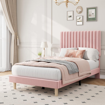 Upholstered Platform Bed Frame, Adjustable Vertical Channel Headboard & Wooden Slats, No Box Spring