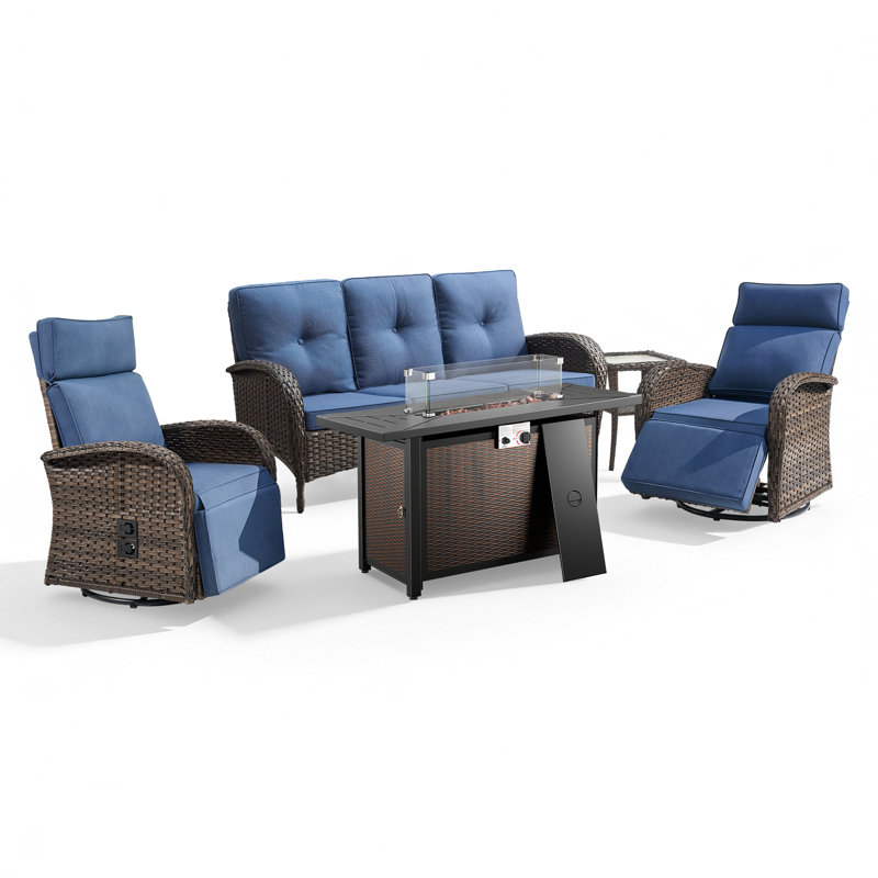 Ensemble de conversation extérieur en rotin 4 pièces avec table de foyer au gaz intégrée, canapé profond et fauteuils inclinables pivotants à 360°