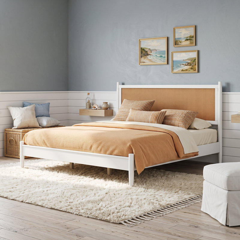 Lit plateforme en bois avec lattes et tête de lit, Très grand lit, White