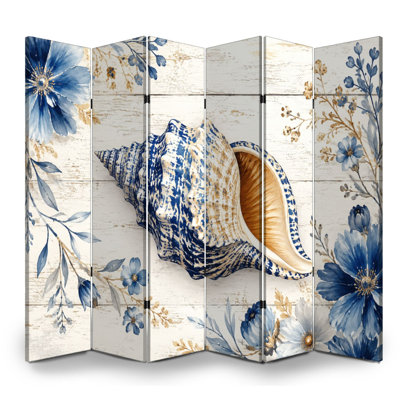 6 Panels Folding Screen Room Divider Royal Blue Seashell Rustic Floral Border Wooden Canvas Screen Room Separator Freestanding Protective Wall Divider Privacy Partition