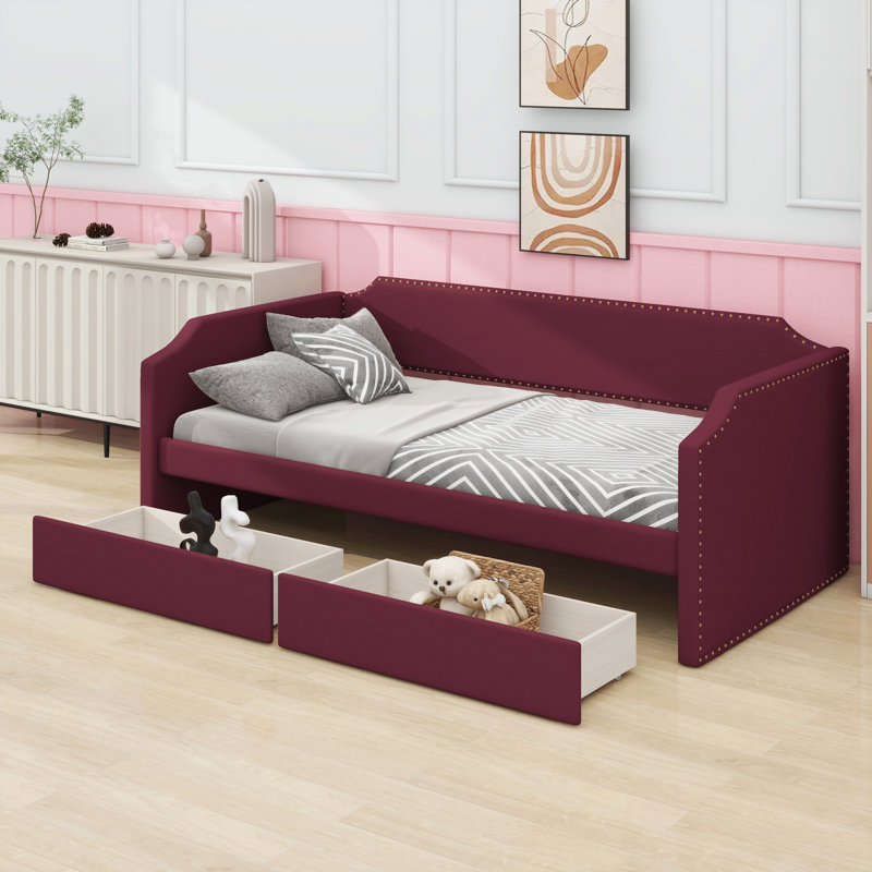 Lit de jour moderne avec une silhouette rembourrée rembourrée et des compartiments de tiroir pratiques sous le lit, Wine Red