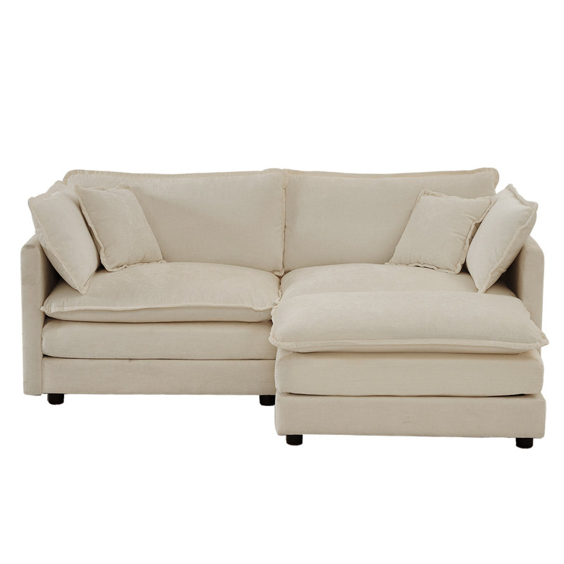 Chenille Two-Seater Sofa With 1 Footrest, Beige Chenille