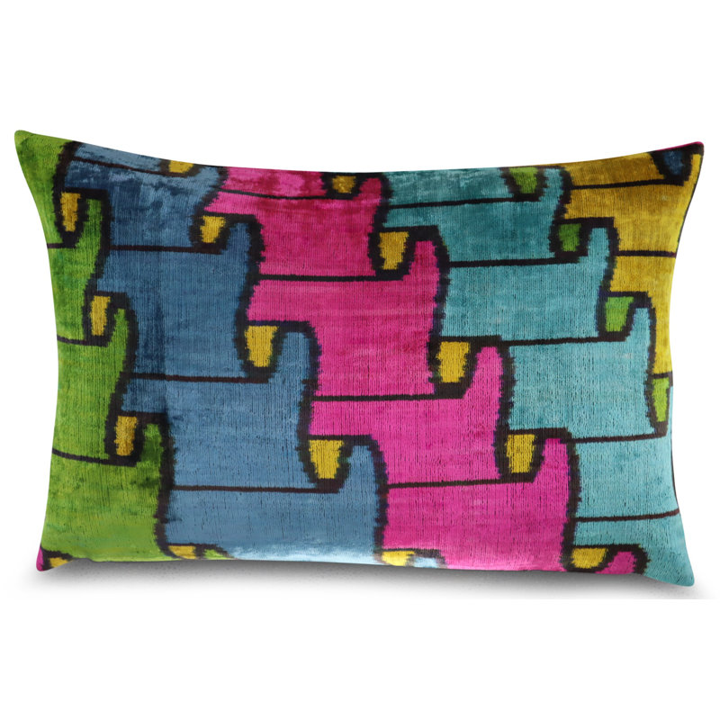 Velvet Rectangular Pillow Cover & Insert, Blue/Pink/Green Geometric 1