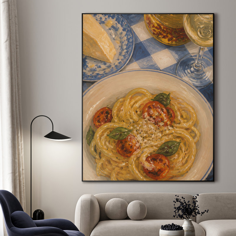 Très grand art mural imprimé sur tissu - Pâtes gourmandes aux tomates, basilic et vin blanc pour le salon ou la chambre à coucher - «Assemblage requis du cadre (cadre non fini)»