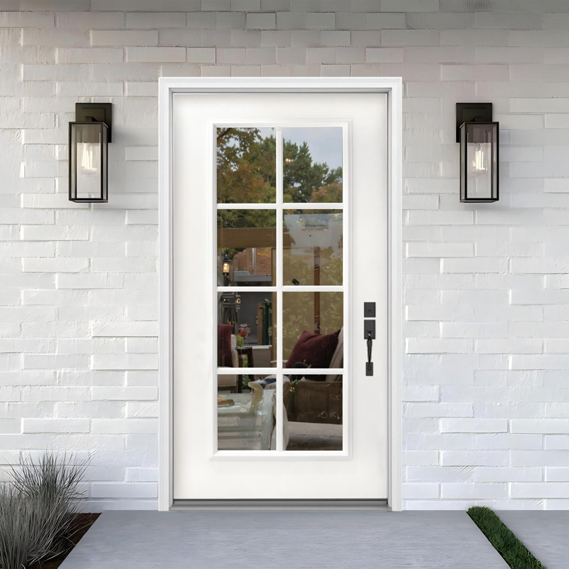 Modern 8-Lite Fibreglass Exterior Entry Front Door With Mahogany-Textured White Finish, Left Hand/Inswing
