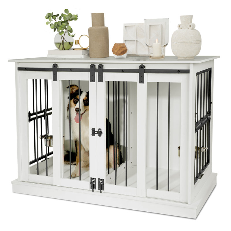 White Medium Wooden Dog Crate Table with Sliding Doors