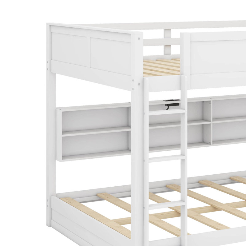Lit superposé grand sur grand avec armoires et ports USB, Blanc