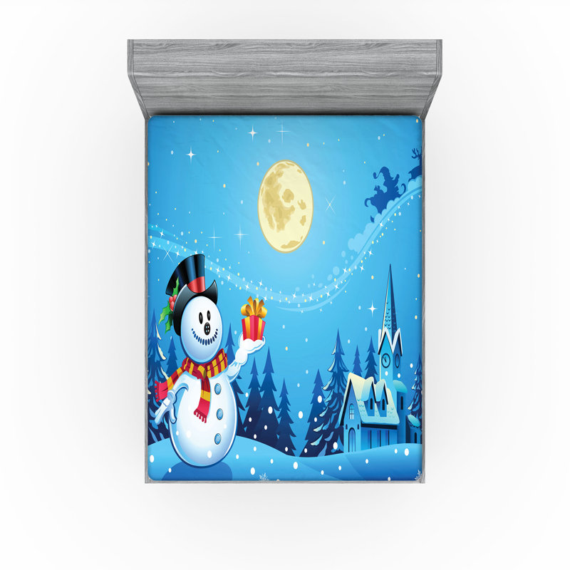 Drap-housse de Noël Ambesonne, paquet de 2, bonhomme de neige, cadeau de Sanra bleu jaune, Drap-housse très grand californien
