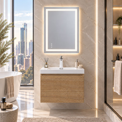 Meuble-lavabo mural simple de 24 po, vanités suspendues cannelées, armoire en chêne naturel, lavabo en surface solide blanche, tiroir à fermeture en douceur, préassemblé