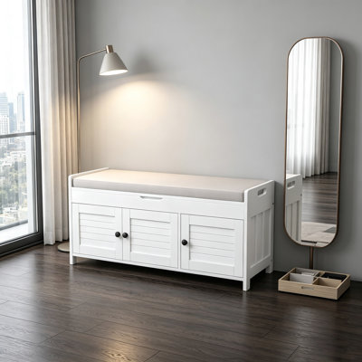 TREXM Storage Bench With 3 Shutter-Shaped Doors, Shoe Bench With Removable Cushion And Hidden Storage Space (White, OLD SKU: WF284226AAK)