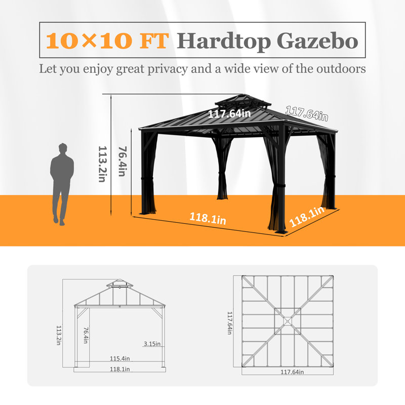 Hardtop Double-Roofed Aluminum Patio Gazebo Multiple Sizes, 10' W x 10' D