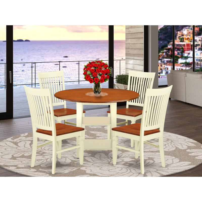 5 Piece Dining Table Set for 4 Includes a Round Kitchen Table with Dropleaf & Shelves and 4 Kitchen Dining Chairs, 42x42 Inch, Buttermilk & Cherry