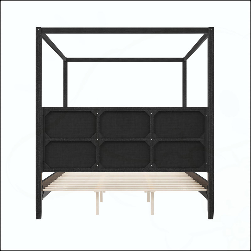 Lit plateforme à baldaquin en bois avec tête de lit tapissier, Noir, Très grand lit