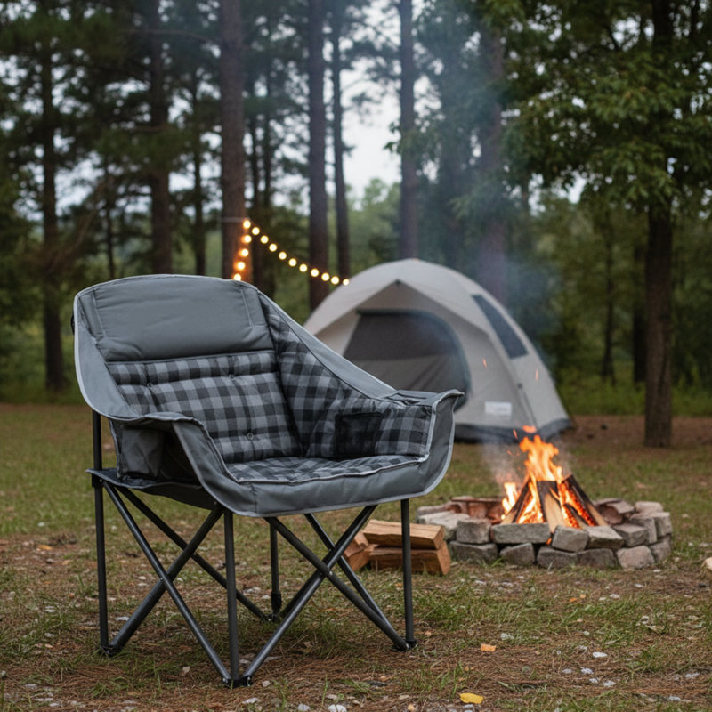 Grey Extra-Large Cushioned Camping Chair, Heavy-Duty Foldable With Cup Holder And Insulated Bag, Portable Lawn Chair, 450 Lbs Weight Capacity, Suitable For Outdoor Use.