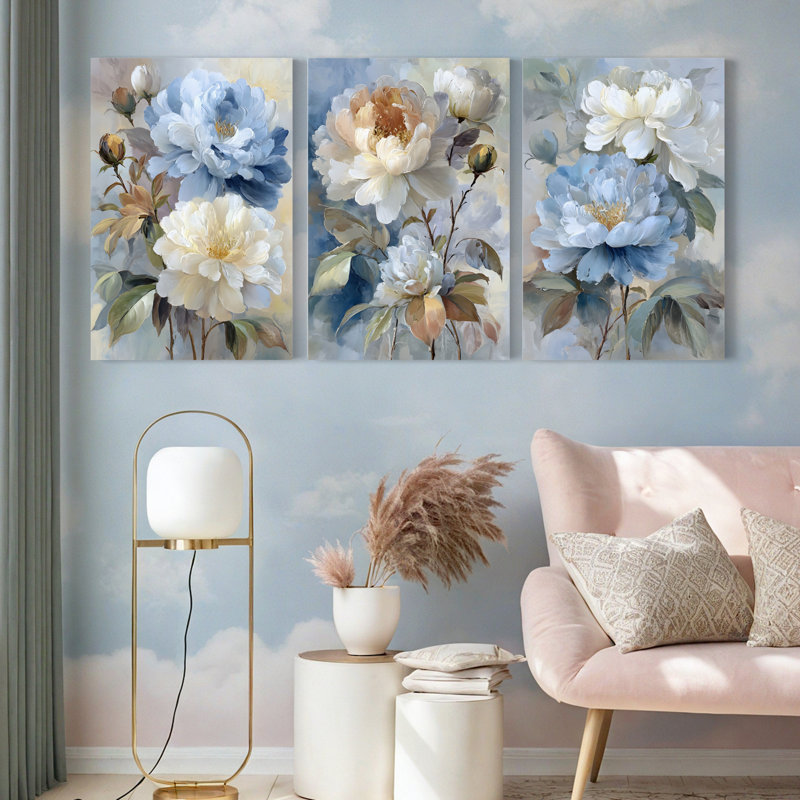 «Blue and Cream Peony», reproduction d'art sur toile tendue sur toile (ensemble de 3), H 24 po x l 48 po