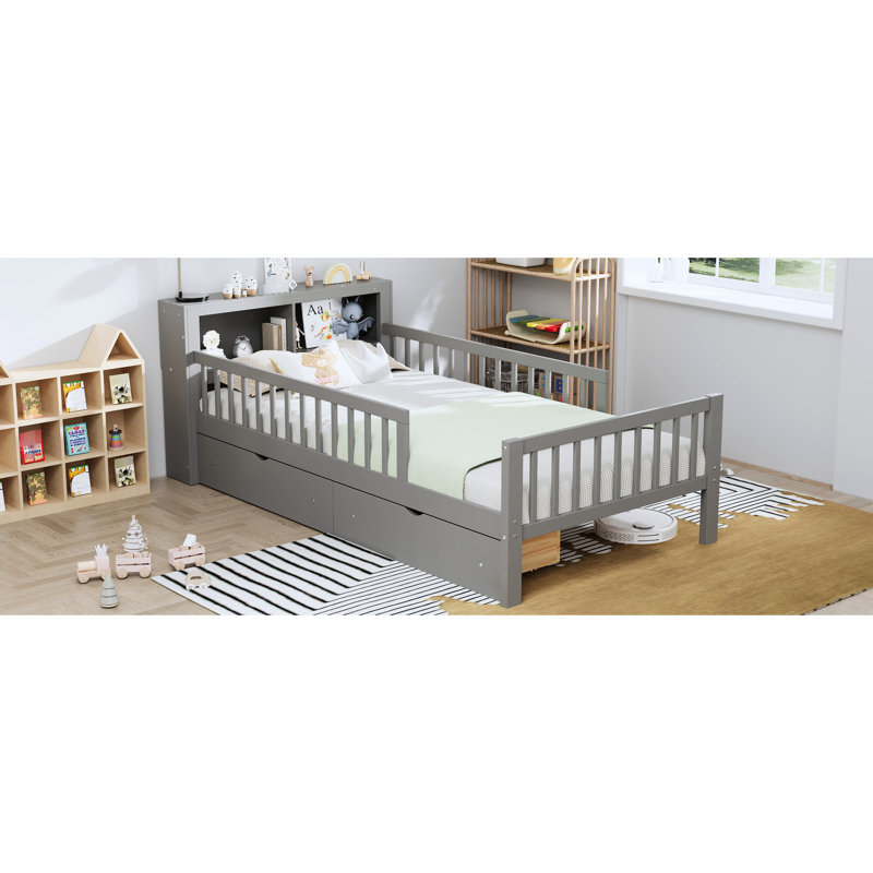 Lit simple avec rangement fonctionnel et trois barrières de sécurité - Tête de lit élégante et pratique, Gris