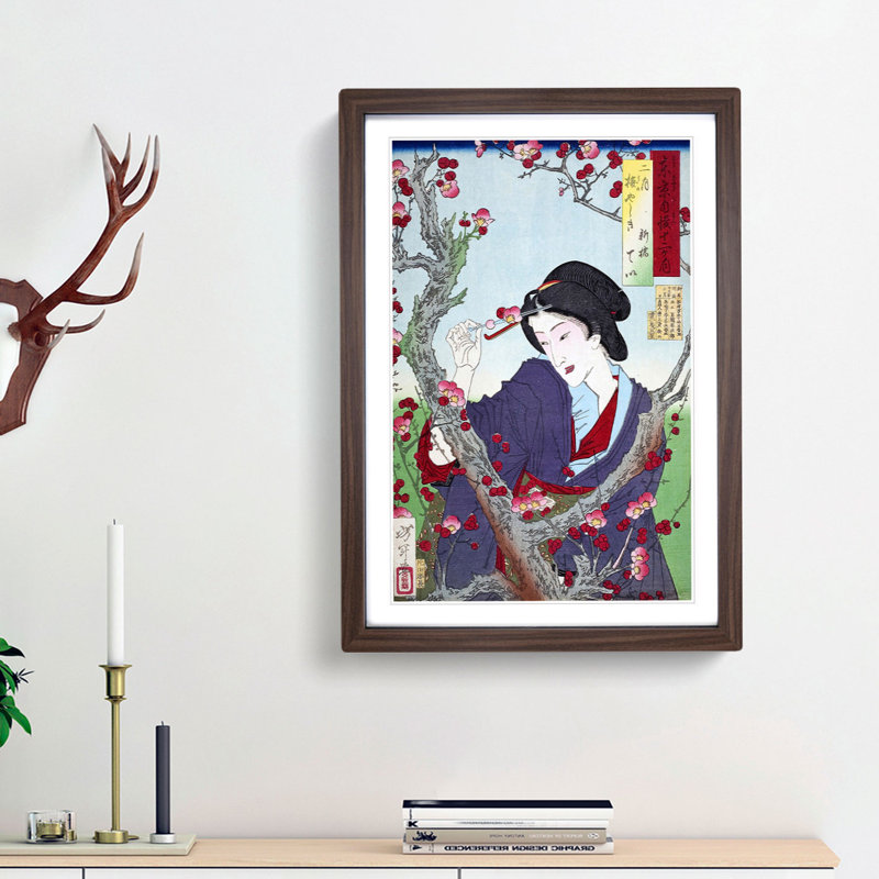 Woman by a Plum Tree by Tsukioka Yoshitoshi - Framed Print, 48cm H x 36cm W x 2cm D, Walnut Framed