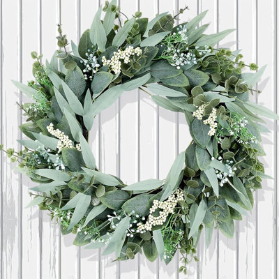 Couronne d'eucalyptus pour la porte d'entrée, couronne de porte verte artificielle avec baies blanches, décoration murale de printemps et d'été, utilisation toute l'année