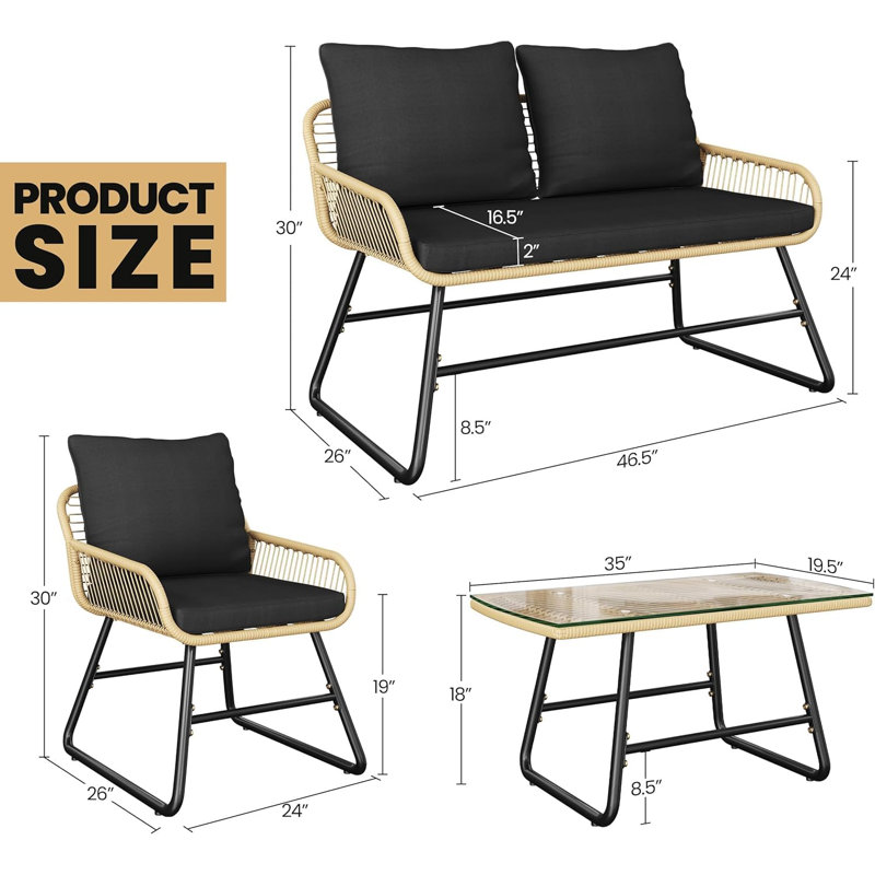 Ensemble de mobilier d'extérieur 4 pièces en rotin toutes saisons, Noir, Noir