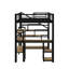 Lit mezzanine double en métal avec escalier, bureau intégré et tablettes