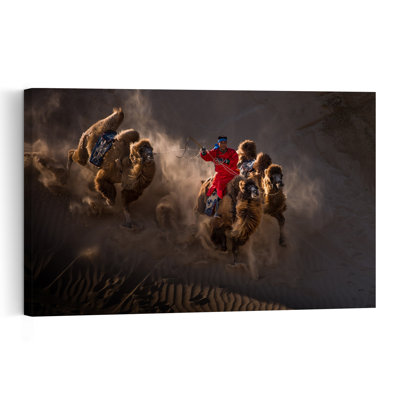 Camels à travers la poussière de désert, art animalier contemporain, reproduction d'art mural