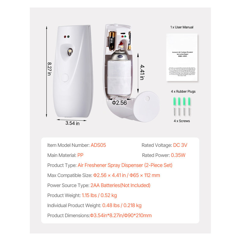 Automatic Air Freshener Spray Dispenser, 2-Pack, Battery Operated Wall Mount or Freestanding Scent Machine with Adjustable Settings for Home, Bathroom, Office