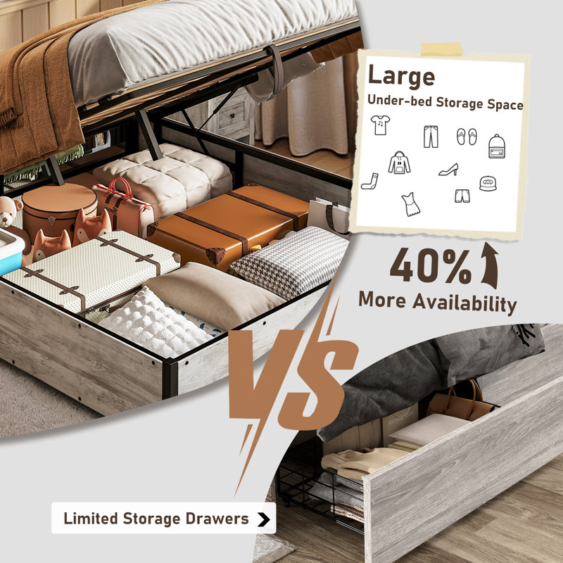 Shila Lift Up Storage Bed, Queen, White Oak