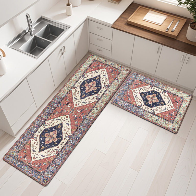 Elainey Anti-Fatigue Non-Skid Waterproof Kitchen Mat (Set of 2), Red/Navy, Runner 20" x 31.5" + 20" x 59"