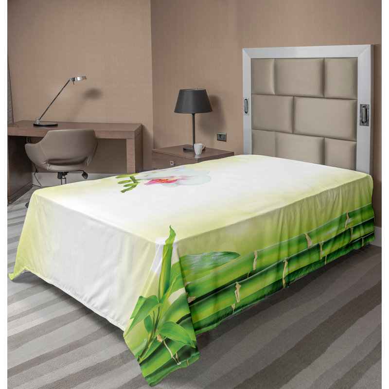 Drap plat Ambesonne Spa à thème Calm Orchids Branches White Green, Drap plat pour lit simple