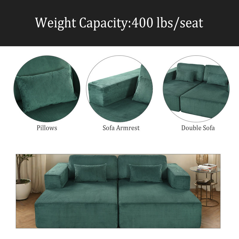 Canapé-lit double en Corduroy avec 2 coussins, parfait pour les salons, les appartements et les bureaux, Velours côtelé vert