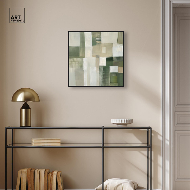 Décoration murale moderne en toile vert pâle Jade II , H 21 po x l 21 po, Cadre flottant noir