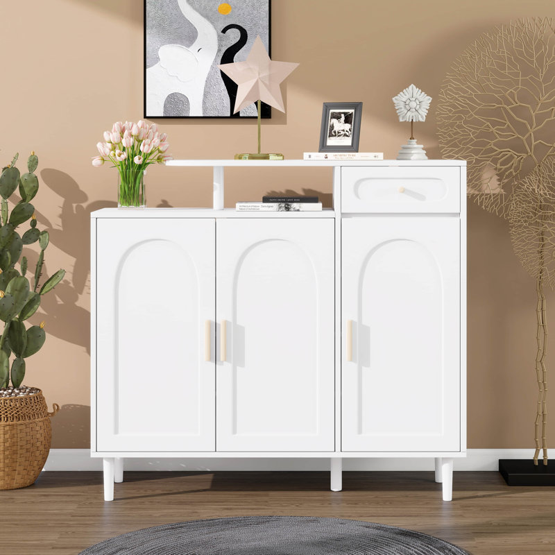 Shoe Cabinet With Adjustable Shelves, Solid Wood Legs, Arched Doors And Drawer, Storage Sideboard For Entryway, Living Room