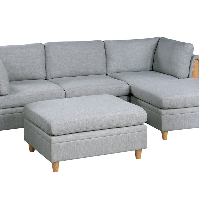 Ensemble de canapé modulaire contemporain en acier Dorris 5X, Bois jaune moyen, Tissu gris pâle