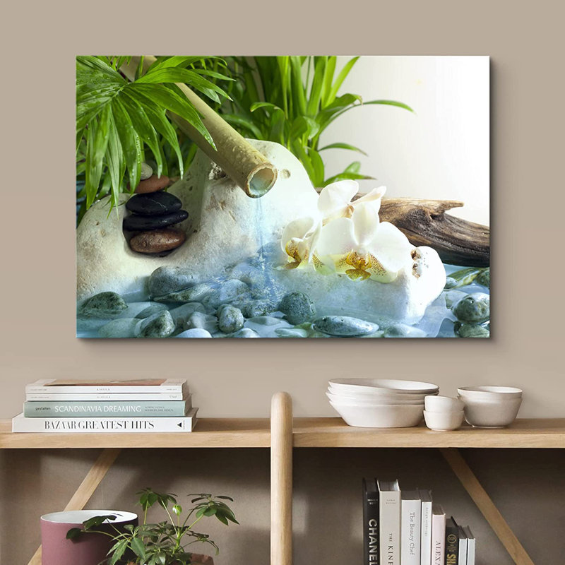 Palm orchidées et pierres zen avec chute d'eau - reproduction de photo sur toile tendue, H 16 po x l 24 po x P 2 po