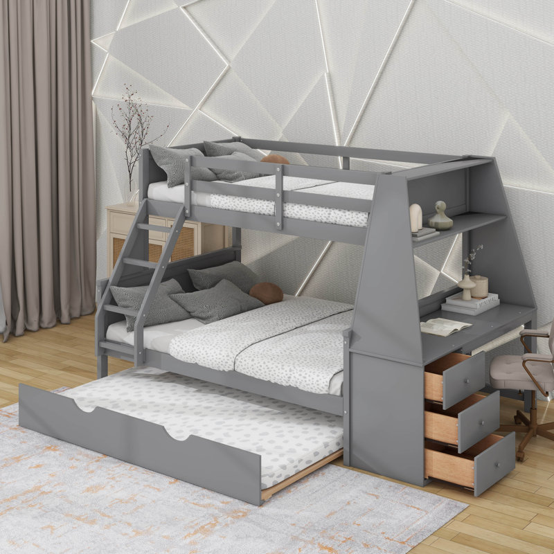 Lit simple superposé au dessus d'un lit double avec lit gigogne et bureau, Gris