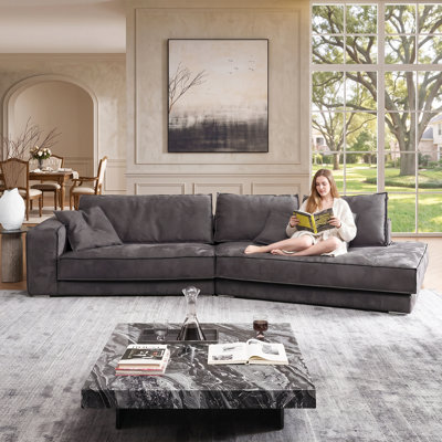 138" Oversized Suede-Feel Sectional Sofa with Chaise, Feather-Filled Back Cushions & Solid Wood Frame