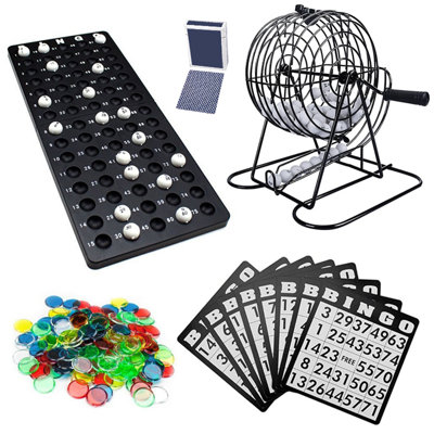Ensemble de jeu de bingo en métal de 8 pouces avec cage de bingo, cartes de bingo, jetons de marquage colorés et tableau principal, ensemble de jeu de loterie complet pour les fêtes de famille, les clubs et les grands groupes