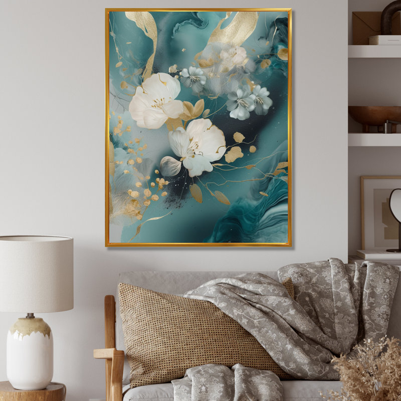 Motif de fleur de marbre doré bleu II - impression, H 20 po x l 12 po x P 1 po, Cadre flottant doré