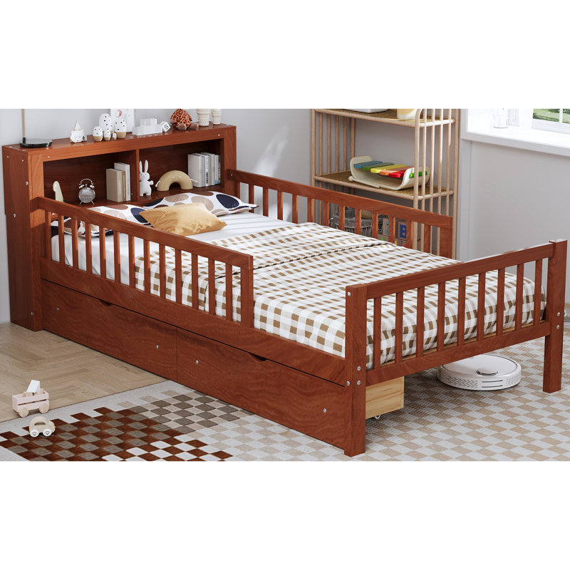 Lit simple avec rangement pour tête de lit et garde-corps sécurisés, qualité noyer, Noyer