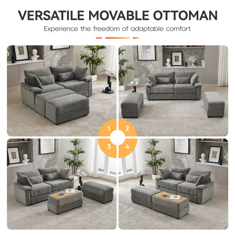 75" Corduroy Chaise Loveseat with 2 Flip-top Ottomans, Gray Chenille