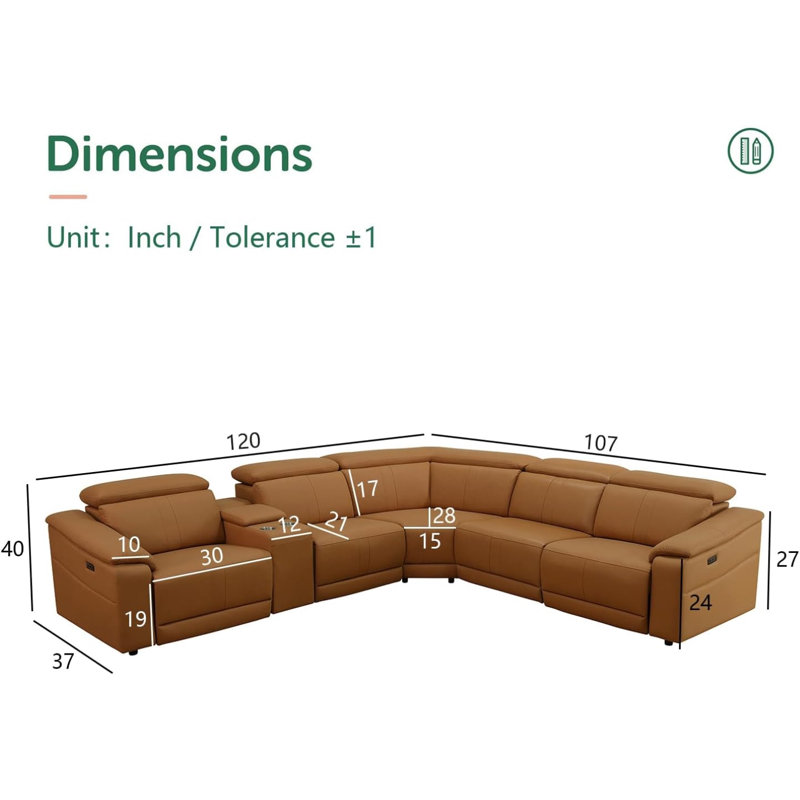 6-Pieces Breathing Leather Living Room Upholstered Power Reclining Sectional With Storage Console and Adjustable Headrest