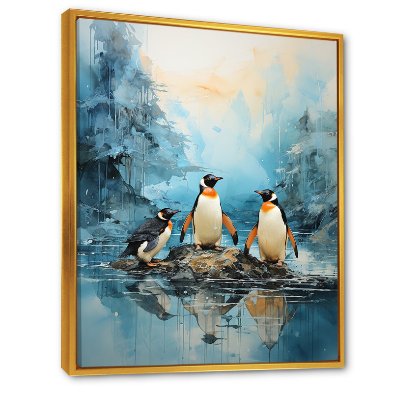 Pingouins antarctiques élégance IV sur toile, H 32 po x l 16 po x P 1 po, Cadre flottant doré