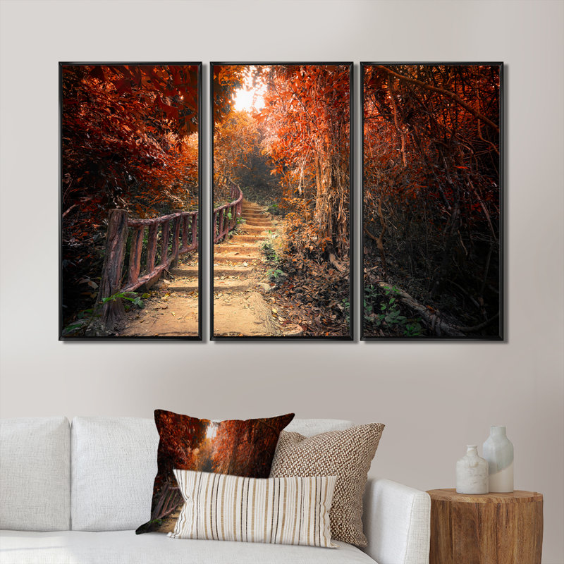 Escalier à travers la forêt d'automne rouge - ensemble d'art mural sur toile encadré paysage, Cadre noir
