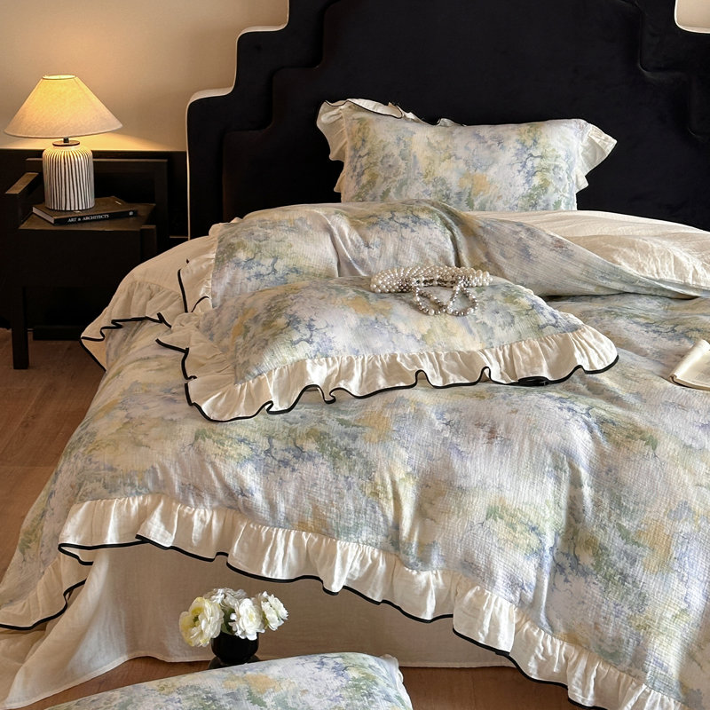 Floral Double-Layer Crinkle Cotton Duvet Cover Set, Queen Duvet Cover + 2 Pillowcases, Light Green
